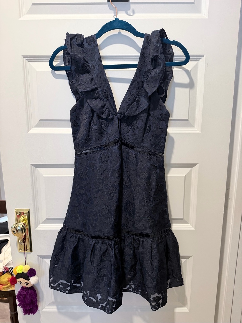 Rebecca Taylor Navy Lace Ruffle V-Neck Dress